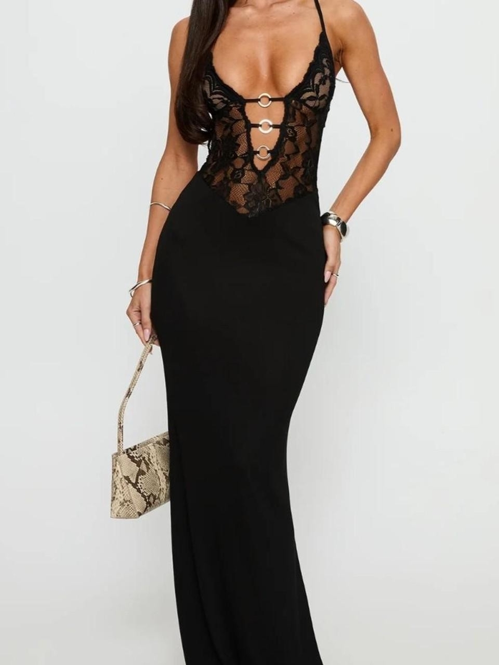 Princess Polly Black Lace Bodice Ring-Accent Maxi Dress
